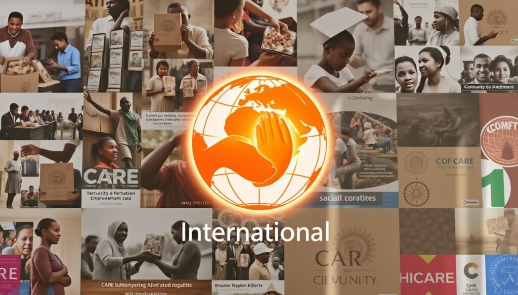 A vibrant, dynamic rendering of the CARE International logo, set against a backdrop of diverse humanitarian aid and development programs. The foreground features a stylized globe in warm tones, with intertwined hands symbolizing the organization's collaborative spirit. The middle ground showcases scenes of aid distribution, community empowerment, and disaster response efforts, conveying CARE's multifaceted approach. The background is a patchwork of cultural motifs, representing the organization's global reach and commitment to local communities. Soft, directional lighting enhances the sense of depth and highlights the the logo's bold, modern design. The overall composition exudes a mood of compassion, resilience, and a steadfast dedication to making a positive impact in the world.
