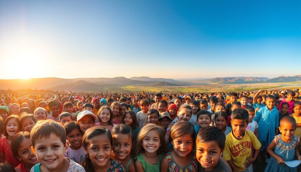 A vibrant, panoramic scene of a million children from diverse backgrounds, gathered in a harmonious gathering. In the foreground, a diverse array of smiling, joyful faces of young girls and boys, their eyes shining with hope and wonder. In the middle ground, a sea of colorful, flowing clothing and energetic movement, as the children play, dance, and interact. In the distant background, a serene landscape of rolling hills, lush greenery, and a clear, azure sky, bathed in warm, golden sunlight that casts a gentle glow over the entire scene. The atmosphere is one of pure, infectious happiness, kindness, and a sense of community, reflecting the transformative impact of the organization's work in changing children's lives worldwide.