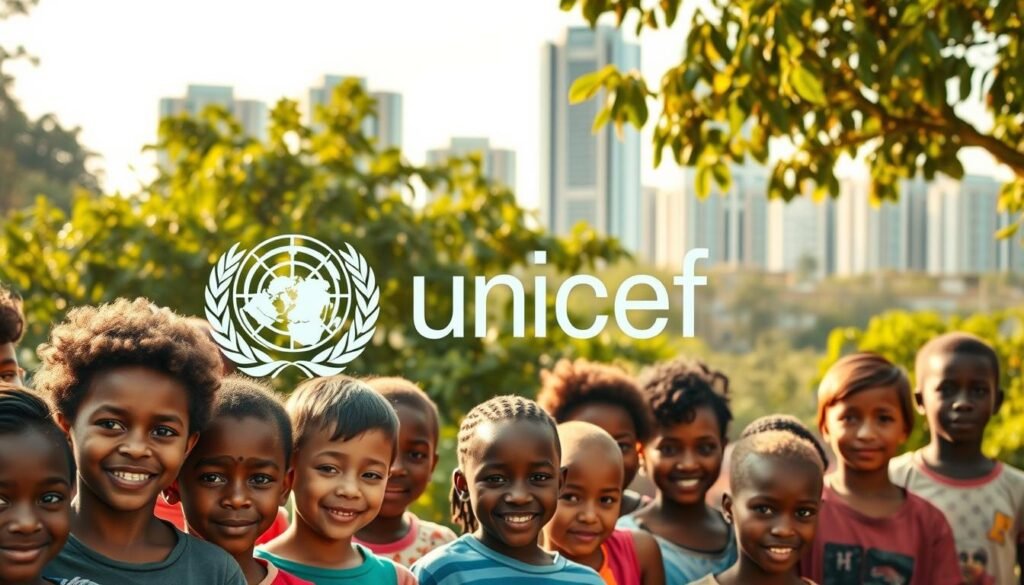 A vibrant, professionally-shot image showcasing the UNICEF Global HIV and AIDS Thematic Fund. In the foreground, a diverse group of children and young adults stand together, their faces alight with hope and determination. They are framed by a backdrop of lush, verdant foliage, symbolizing the organization's commitment to nurturing and protecting the world's youth. The middle ground features a prominent UNICEF logo, its iconic blue hue radiating a sense of trustworthiness and global reach. In the distance, a series of modern high-rise buildings hint at the international scope of UNICEF's operations, working tirelessly to address the HIV/AIDS crisis worldwide. The image is bathed in warm, golden lighting, conveying a sense of optimism and a brighter future for all.