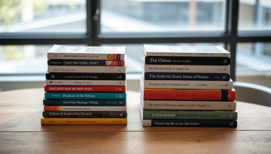 A well-lit, high-angle photograph of a stack of hardcover and paperback books on a wooden table. The books are arranged in a neat, organized manner, with their spines facing the camera. The books have various colors and designs on their covers, representing different topics and subjects. The table is positioned in front of a large window, allowing natural light to illuminate the scene. The background is slightly blurred, creating a sense of depth and focus on the books. The overall mood is professional, clean, and conveying a sense of partnership and collaboration between educational institutions and book vendors.