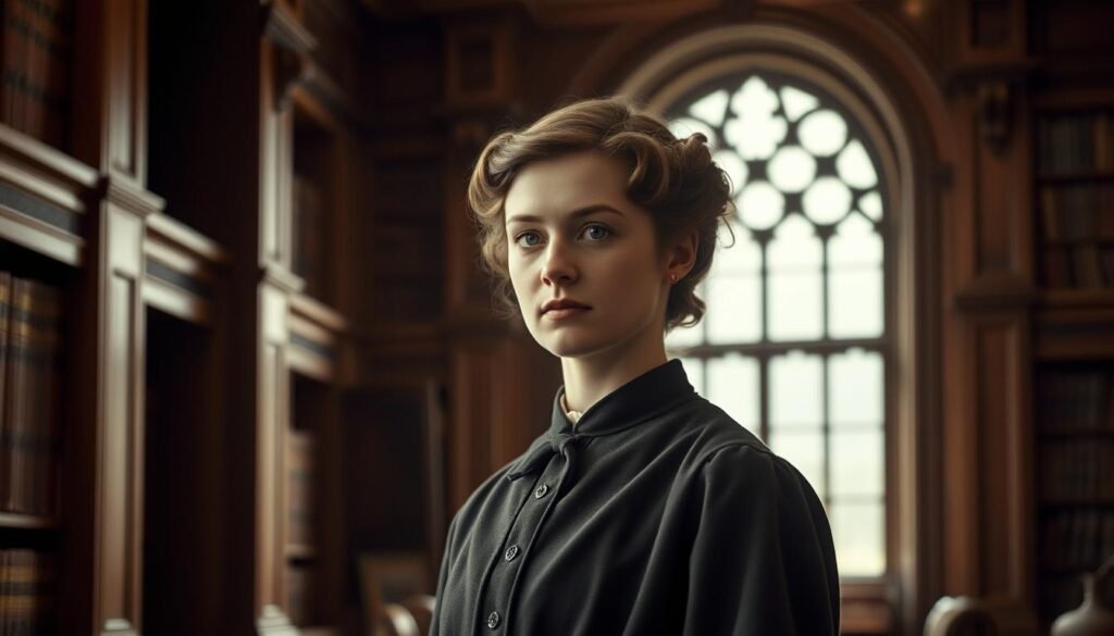 A young Eglantyne Jebb, dressed in a modest, Victorian-era ensemble, stands before an ornate, oak-paneled library, her gaze pensive yet determined. Soft, diffused lighting bathes the scene, casting gentle shadows that accentuate the intellectual atmosphere. In the background, towering bookshelves and a large, arched window suggest a scholarly environment, hinting at Jebb's education and the intellectual pursuits that would shape her path as a social reformer. The composition emphasizes Jebb's thoughtful expression, capturing the essence of a woman on the cusp of a transformative journey, one that would ultimately lead to the founding of Save the Children International.