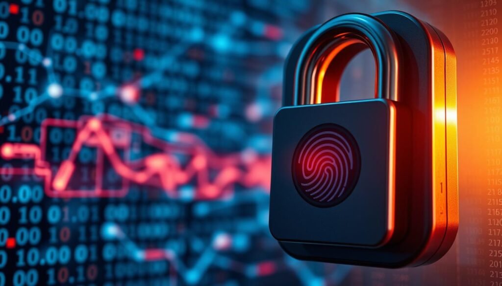 a secure digital lock with a biometric fingerprint scanner, set against a backdrop of binary code and a stylized data network. the lock is illuminated by a soft, warm light, creating a sense of trust and reliability. the foreground elements are sharp and detailed, while the background is blurred, creating depth and focus on the security features. the overall mood is one of technological sophistication and data protection.