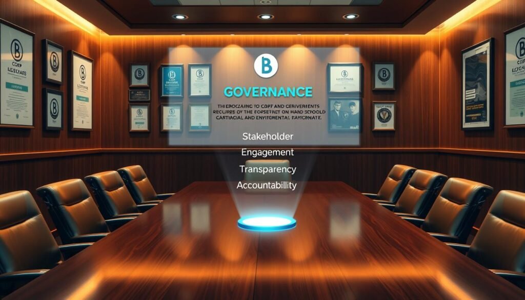 A boardroom table, mahogany and sleek, surrounded by chairs of polished leather. Overhead, warm lighting casts a soft glow, illuminating a wall of framed certifications and awards - the symbols of a B Corp's commitment to social and environmental responsibility. In the center, a holographic display flickers to life, outlining the key governance requirements: stakeholder engagement, transparency, and accountability. The atmosphere is one of professionalism and purpose, a visual representation of the rigorous standards a B Corp must uphold.