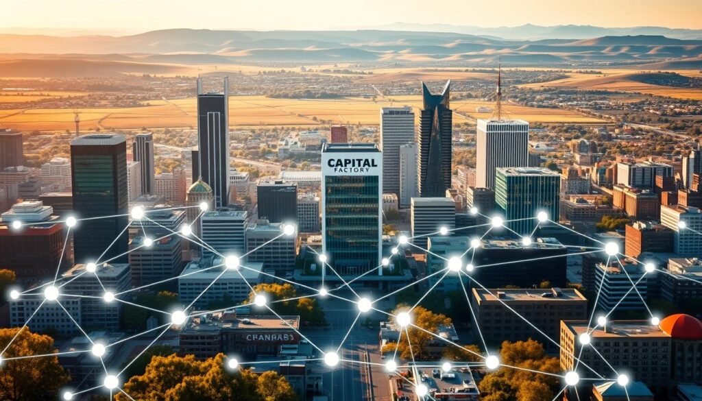A bustling Texas cityscape with the Capital Factory building prominently featured in the middle ground. In the foreground, a network of interconnected nodes and lines representing the vibrant startup ecosystem, with entrepreneurs, investors, and accelerators all linked together. The background features the iconic Texas landscape, with rolling hills, blue skies, and the warm glow of the sun casting a golden hue over the scene. The overall impression is one of energy, collaboration, and the boundless potential of the Texas startup community, all centered around the Capital Factory as the heart of this thriving ecosystem.