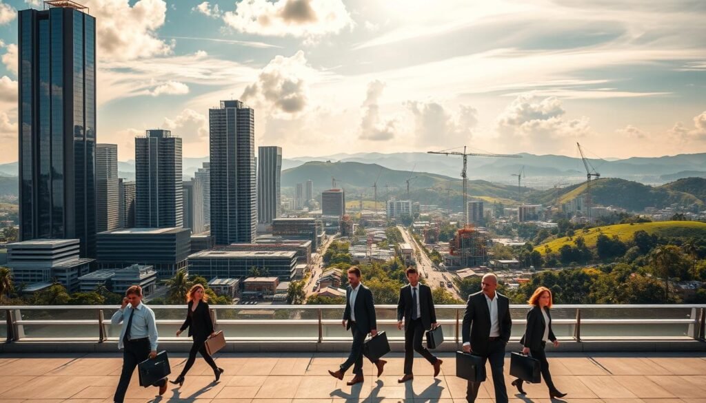 A bustling cityscape in a developing nation, with towering modern skyscrapers and factories set against a backdrop of lush, rolling hills. In the foreground, smartly-dressed business professionals stride purposefully, carrying briefcases and engaging in animated discussions. Sunlight filters through wispy clouds, casting a warm, golden glow over the scene. In the middle ground, construction cranes dot the skyline, symbolizing ongoing development and investment. The overall atmosphere conveys a sense of progress, economic dynamism, and the private sector's pivotal role in shaping the future of the region.