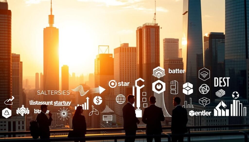 A bustling cityscape of towering skyscrapers and modern architecture, bathed in the warm glow of the evening sun. In the foreground, a dynamic collage of successful startup logos and branding elements, arranged in a visually striking composition. The middle ground features silhouettes of professionals in business attire, engaged in animated discussions, symbolizing the vibrant entrepreneurial ecosystem. In the background, a panoramic view of the city skyline, with a sense of scale and ambition. The lighting is soft and directional, creating depth and emphasizing the sense of growth and achievement. The overall mood is one of prosperity, innovation, and the thrill of cutting-edge business success.