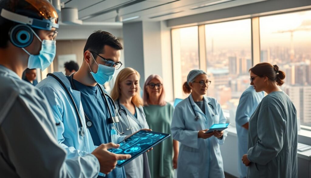 A bustling hospital ward filled with cutting-edge medical technologies, from sleek robotic surgeons to holographic patient records. In the foreground, a team of doctors and nurses collaborating over a touchscreen display, their faces alight with excitement as they plan innovative treatments. The midground showcases a diverse array of patients, their expressions hopeful as they engage with intuitive healthcare devices. In the background, a panoramic window reveals a vibrant cityscape, symbolizing the far-reaching social impact of these transformative medical breakthroughs. Warm, natural lighting casts a soft glow, evoking a sense of empowerment and progress. Captured with a wide-angle lens to convey the scope and scale of this healthcare revolution.