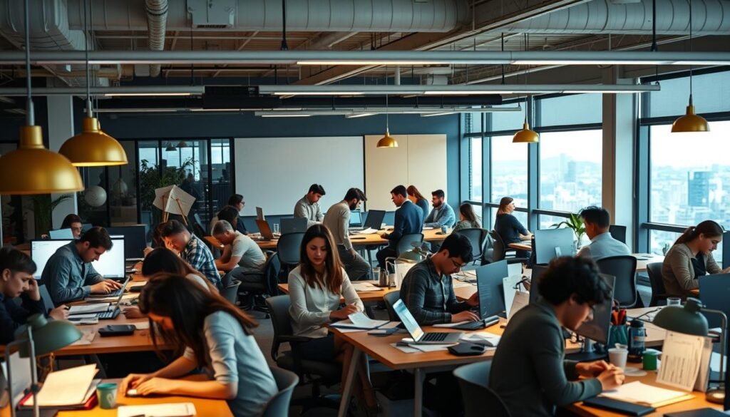 A bustling startup office scene with an intricate application process taking center stage. In the foreground, a group of applicants sit at desks, meticulously filling out forms and reviewing documents under the warm glow of pendant lamps. In the middle ground, a team of startup executives huddles around a conference table, diligently reviewing application materials. In the background, the office hums with activity - computer screens, whiteboards, and a panoramic city skyline through large windows. The lighting is a harmonious blend of soft, natural illumination and focused task lighting, creating a productive, yet inviting atmosphere. The overall composition conveys the rigorous yet rewarding nature of the startup application process.