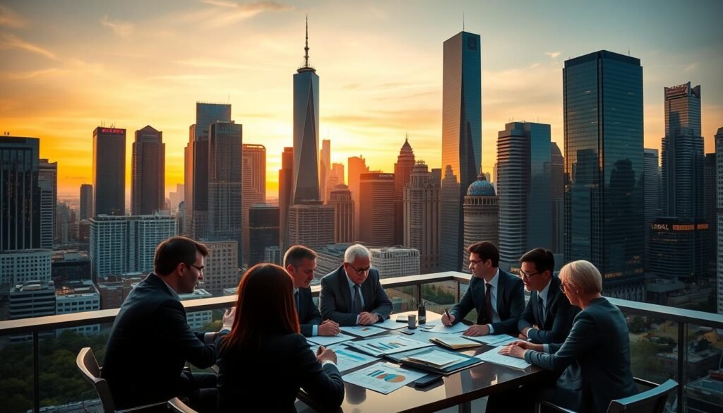 A bustling urban skyline at dusk, with towering glass and steel skyscrapers bathed in warm, golden light. In the foreground, a group of professionals in business attire are gathered around a conference table, deep in discussion. They are surrounded by various charts, graphs, and financial documents, indicating a meeting focused on social enterprise funding. The atmosphere is one of focused collaboration and innovation, as they work together to support and empower impactful social ventures. The scene conveys a sense of purpose, progress, and the transformative potential of strategic investment in businesses that prioritize social good.