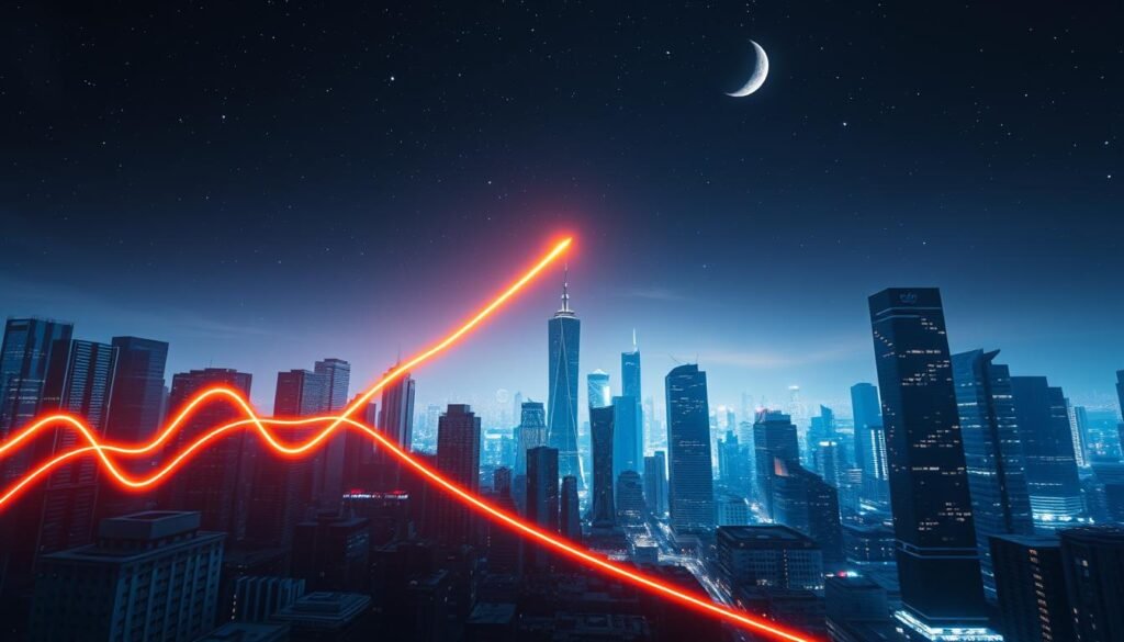 A cinematic wide-angle shot of a venture capital growth trajectory, rendered in a vibrant, futuristic style. The foreground depicts a dynamic graph, its lines tracing an exponential upward climb, casting a warm glow. The middle ground showcases a bustling cityscape of towering glass skyscrapers, their reflective surfaces mirroring the graph's ascent. In the background, a starry night sky with a crescent moon provides a serene, contemplative backdrop, hinting at the expansive possibilities of the venture capital industry. The lighting is dramatic, with strategic use of shadows and highlights to emphasize the sense of momentum and growth. The overall composition conveys a powerful narrative of accelerating innovation and success.