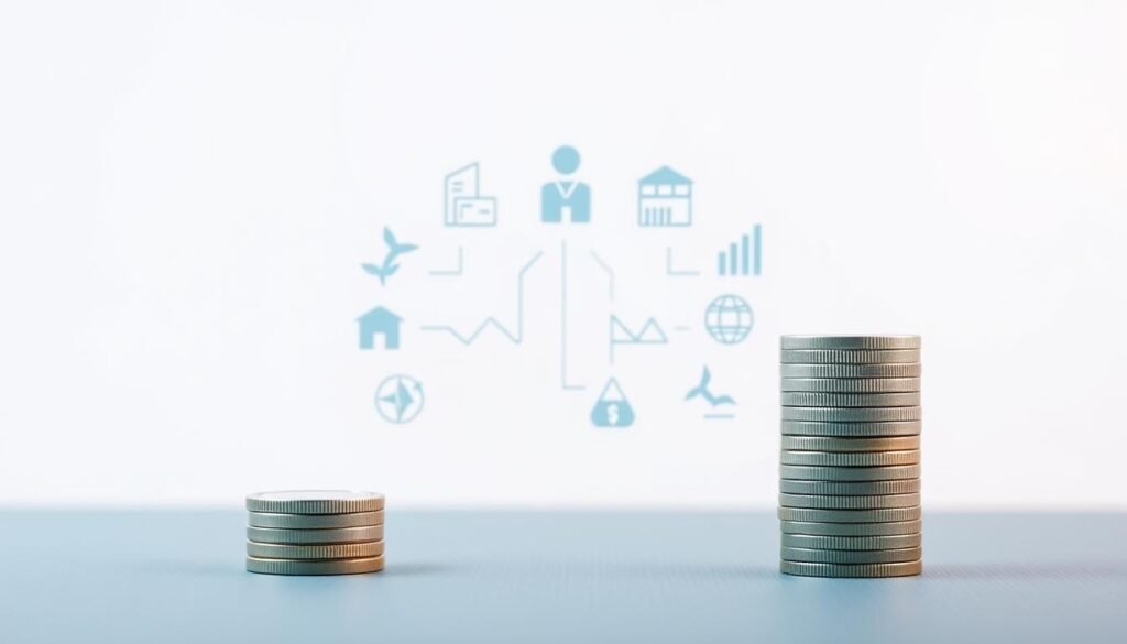 A clean, minimalist illustration depicting the key differences between ESG (Environmental, Social, and Governance) investing and conventional investment strategies. In the foreground, two stacks of coins represent the financial performance, with the ESG stack slightly taller. In the middle ground, abstract icons symbolize ESG factors like renewable energy, ethical labor practices, and corporate governance. The background features a subtle gradient, conveying a sense of balance and sustainability. The lighting is soft and even, creating a professional, informative atmosphere. The camera angle is slightly elevated to provide an authoritative, objective perspective on the subject matter.