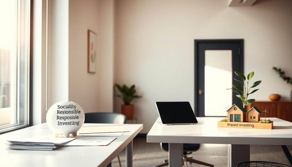 A clean, modern office interior with two adjacent desks. On the left desk, a laptop, some papers, and a piggy bank labeled "Socially Responsible Investing". On the right desk, a tablet, a potted plant, and a miniature model of a sustainable energy project labeled "Impact Investing". Soft, natural lighting filters in through large windows, casting a warm glow. The walls are minimalist, with subtle earth-toned decor. An air of professionalism and environmental consciousness permeates the scene. A clean, modern office interior with two adjacent desks. On the left desk, a laptop, some papers, and a piggy bank labeled "Socially Responsible Investing". On the right desk, a tablet, a potted plant, and a miniature model of a sustainable energy project labeled "Impact Investing". Soft, natural lighting filters in through large windows, casting a warm glow. The walls are minimalist, with subtle earth-toned decor. An air of professionalism and environmental consciousness permeates the scene.