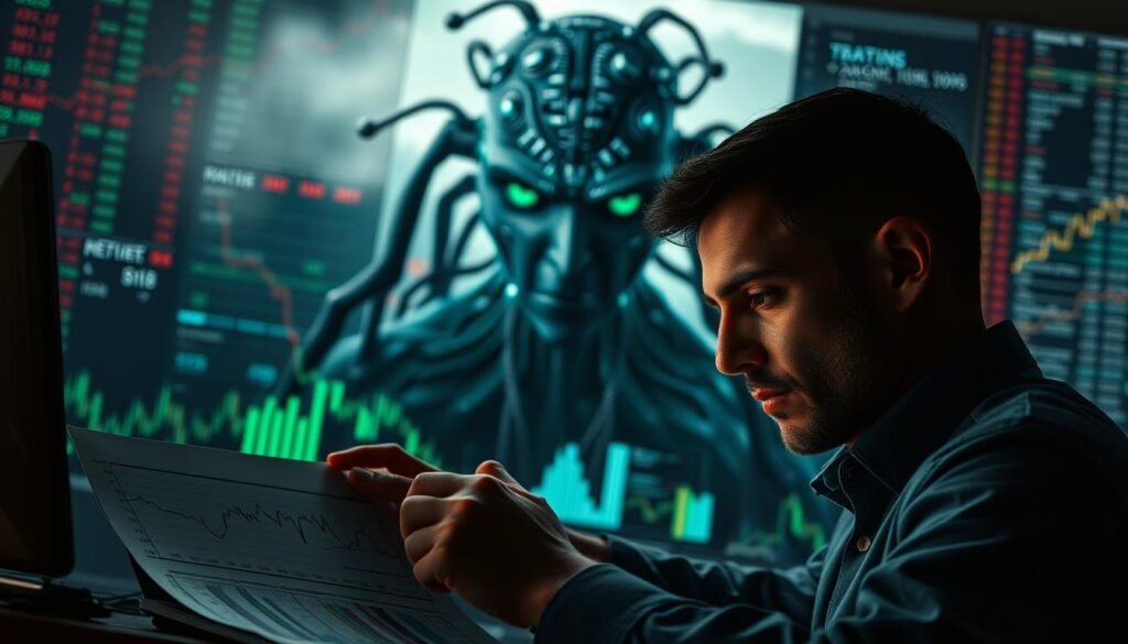 A data-driven analysis of the limitations and risks of AI in investment decision-making. In the foreground, a human financial analyst scrutinizing complex models and charts, their expression reflecting deep contemplation. In the middle ground, a towering, ominous AI system looming over the analyst, its algorithms and calculations obscuring key insights. In the background, a blurred landscape of stock tickers, charts, and financial data, symbolizing the ever-evolving, interconnected nature of the investment world. The lighting is dramatic, casting deep shadows and highlighting the tension between human intuition and AI-driven decision-making. The overall mood is one of cautious exploration, where the promise of AI-powered analysis is tempered by an awareness of its limitations and potential risks.