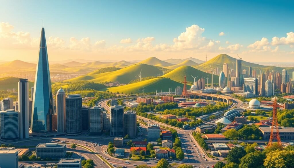 A detailed and visually striking illustration of the investment priorities and sectors of the U.S. International Development Finance Corporation. In the foreground, a sleek, modern cityscape with skyscrapers and bustling streets, representing the urban development focus. In the middle ground, lush green landscapes with rolling hills, symbolizing the Corporation's environmental and sustainable investment goals. In the background, a vibrant tapestry of diverse industries and economic sectors, such as energy, infrastructure, and technology, all intertwined to showcase the breadth of the Corporation's investment portfolio. The scene is illuminated by warm, golden lighting, conveying a sense of progress, opportunity, and positive impact. The overall composition is balanced and dynamic, reflecting the Corporation's multifaceted approach to international development finance.