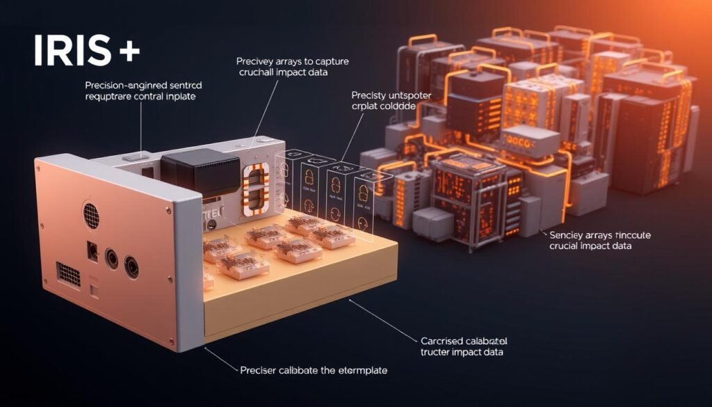 A detailed cross-sectional diagram showcasing the key components and features of the IRIS+ system. The foreground displays a precision-engineered control module, encased in a sleek, minimalist housing. The middle ground highlights various sensor arrays, precisely calibrated to capture crucial impact data. In the background, a complex network of interconnected modules and processing units, bathed in a warm, technical glow, illustrating the system's intricate architecture. The scene is rendered with a crisp, high-resolution clarity, emphasizing the advanced engineering and attention to detail that defines the IRIS+ platform.