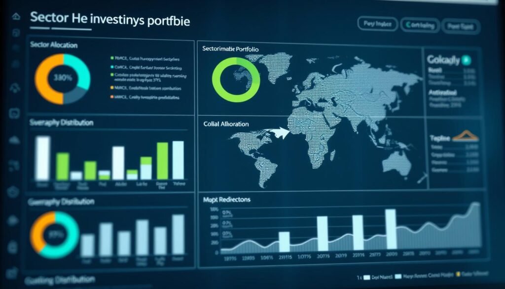 A detailed data visualization dashboard showcasing a sustainable investment portfolio's sector allocation and global geographic distribution. Elegant infographic design with clean typography, minimal color scheme, and subtle textural overlays. Balanced composition highlighting key insights, rendered in a professional, analytical style suitable for a financial report. Soft, directional lighting accentuates the data visualizations, creating depth and emphasizing the informative nature of the image. High-resolution, photorealistic rendering with a slight depth of field blur to draw the viewer's attention to the central analytical elements.