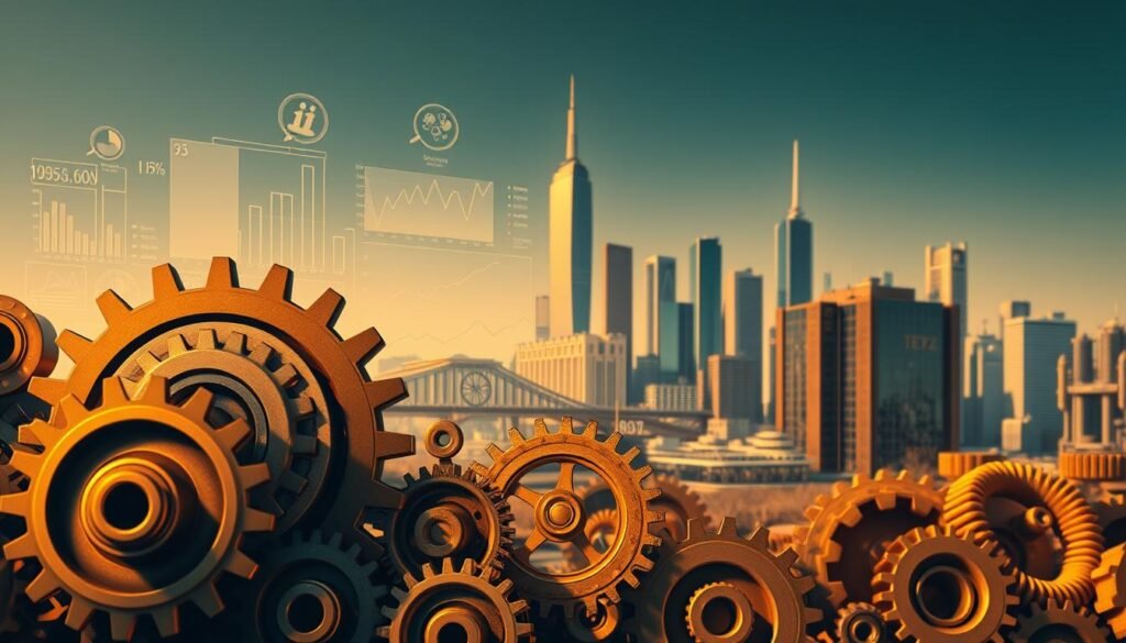 A detailed illustration of innovative investment strategies and capital structure, featuring a harmonious blend of modern financial instruments. In the foreground, a series of interconnected gears and cogs symbolize the intricate mechanisms of investment portfolios. The middle ground showcases various financial charts, graphs, and data visualizations, highlighting the analytical aspects of strategic decision-making. In the background, a sleek, minimalist cityscape provides a sophisticated and urban backdrop, conveying the global, high-tech nature of the investment landscape. The image is rendered in a warm, earthy color palette, creating a sense of stability and reliability. Dramatic lighting casts dynamic shadows, adding depth and dimension to the composition.