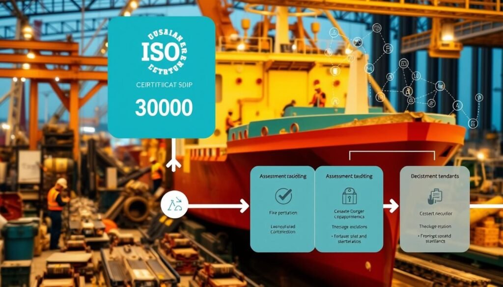 A detailed illustration of the ISO 30000 certification process. In the foreground, a ship recycling facility, with workers inspecting various components and equipment. In the middle ground, a series of assessment and auditing steps, represented by icons and checklists. The background depicts the ISO 30000 standards framework, with interconnected elements and a sense of structured organization. The lighting is warm and inviting, conveying a professional and technical atmosphere. The overall composition suggests a methodical, step-by-step approach to achieving ISO 30000 certification for sustainable ship recycling.