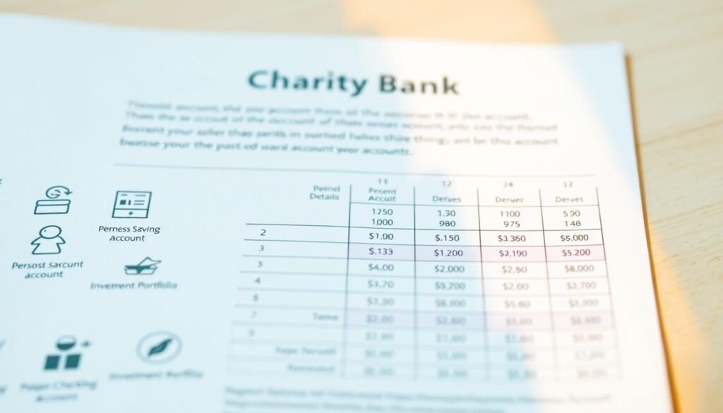 A detailed, neatly organized financial document showcasing various account options and associated fee structures. The foreground depicts a series of account icons, including a personal savings account, a business checking account, and an investment portfolio. The middle ground features a tabular breakdown of the fee details for each account type, presented in a clear and concise manner. The background showcases a soft, professional gradient, complementing the overall aesthetic. Lighting is warm and diffused, creating a sense of clarity and approachability. The camera angle is slightly elevated, providing an comprehensive overview of the financial information. The overall mood is one of informative transparency, guiding the viewer through the intricacies of Charity Bank's account offerings.