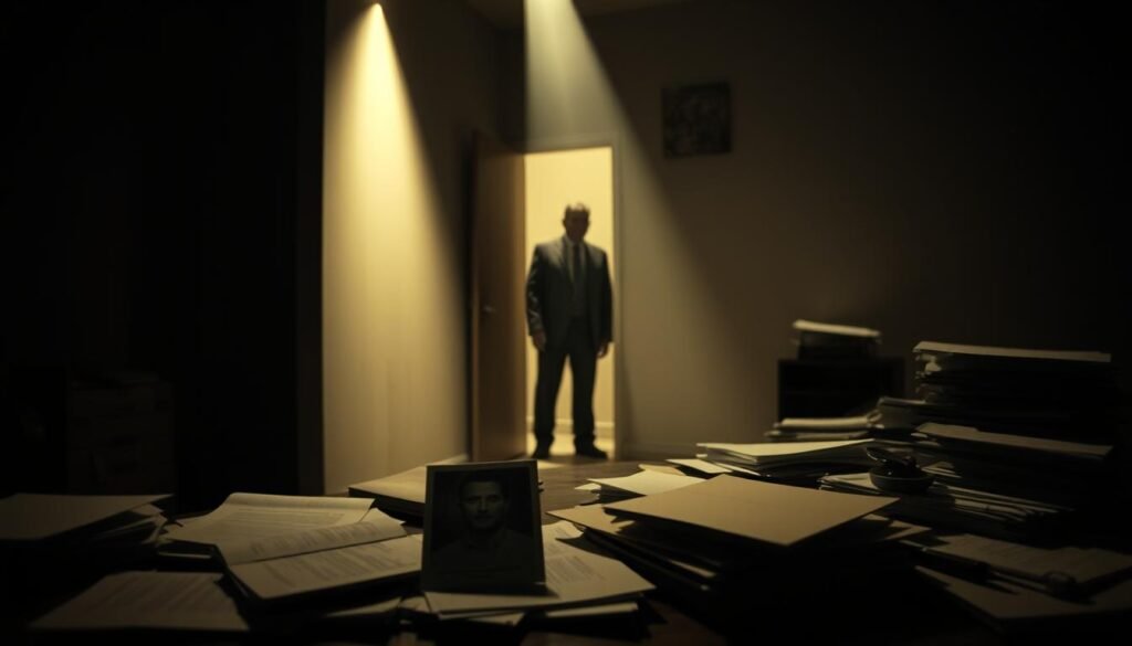 A dimly lit room, with a sense of mystery and unease. In the foreground, a cluttered desk, papers and files scattered haphazardly, suggesting a hasty departure. On the desk, a single photograph, the subject's face obscured. In the middle ground, a shadowy figure, their identity concealed, stands in the corner, as if observing the scene. The background is a soft, muted palette, emphasizing the somber mood. Beams of light pierce the gloom, casting a haunting atmosphere. The overall composition evokes a sense of investigation, a search for answers in the disappearance of Ron Levin.