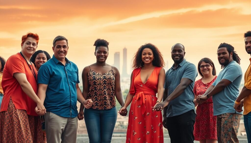 A diverse group of people standing together, hands joined, in a vibrant, colorful setting. The foreground features individuals of different ages, races, and backgrounds, their expressions conveying a sense of unity, empowerment, and determination. The middle ground showcases a city skyline in the distance, representing the far-reaching impact of their collective efforts. The background is bathed in warm, golden light, creating an atmosphere of hope and transformation. Dramatic camera angles and a cinematic composition capture the magnitude and significance of the moment, reflecting the mission of "transformational social impact."