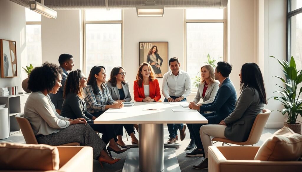 A diverse group of professionals, representing various ethnicities and genders, gather in a modern, well-lit office setting. Sunlight filters through large windows, casting a warm, natural glow across the scene. In the foreground, the team members engage in animated discussions, their body language and facial expressions conveying a sense of collaboration and camaraderie. The middle ground features a sleek, minimalist conference table, around which the team is seated, emphasizing the inclusive, team-oriented nature of Kapor Capital's leadership. In the background, subtle details like artwork, plants, and stylish furniture create a sophisticated, yet welcoming atmosphere, reflecting the company's dedication to fostering a diverse and inclusive work environment.
