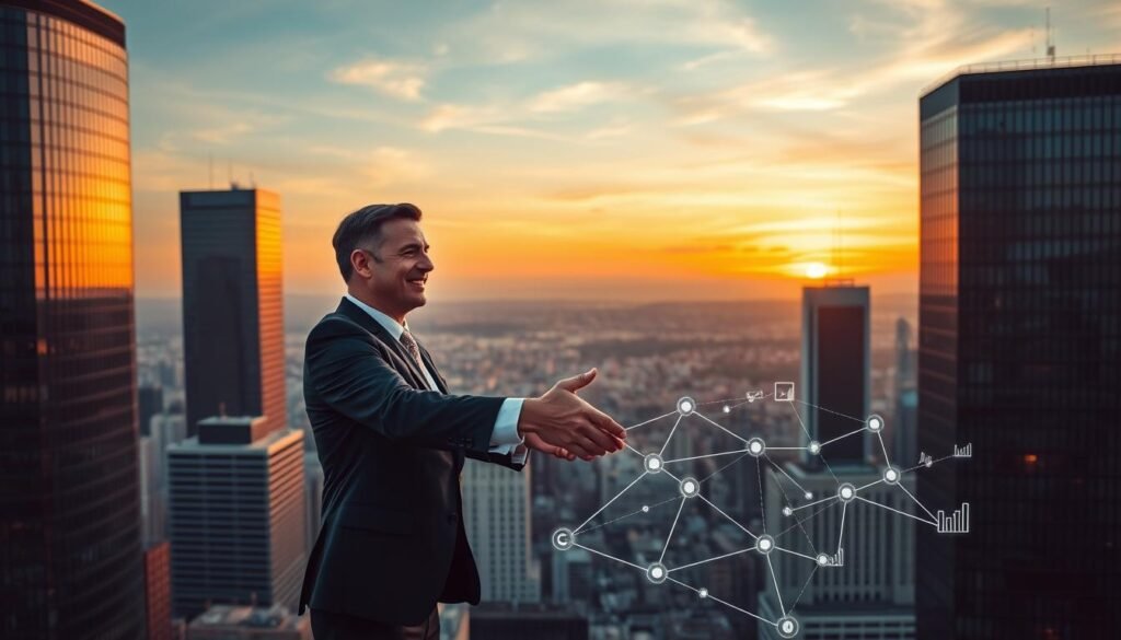 A dynamic cityscape showcasing strategic funding partnerships. In the foreground, two CEOs shake hands against a backdrop of modern skyscrapers, their expressions conveying trust and collaboration. The middle ground features a network of interconnected financial graphs and data visualizations, symbolizing the flow of capital and shared resources. In the distant background, a horizon of rolling hills and a vibrant sunset sky, creating a sense of optimism and future potential. Warm lighting accentuates the scene, with a wide-angle lens capturing the grand scale of this visionary alliance.