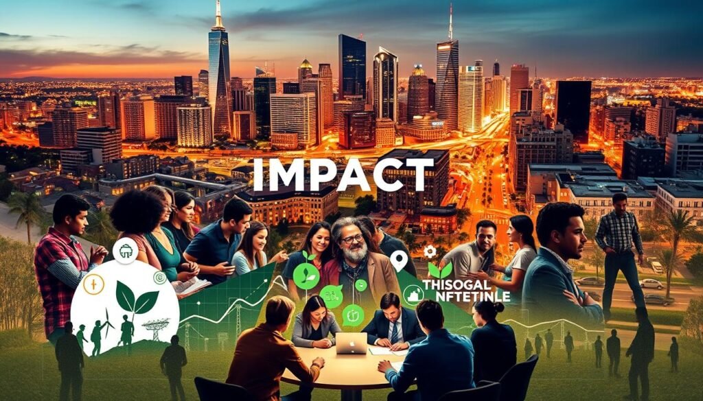 A dynamic collage depicting the core characteristics of impact investing. In the foreground, diverse people from various backgrounds gather around a central table, engaged in thoughtful discussion. The middle ground features symbols of social and environmental impact - renewable energy icons, sustainable agriculture, and community development projects. In the background, a vibrant urban skyline with towering skyscrapers and bustling streets, representing the scale and reach of impact investing. Warm lighting illuminates the scene, conveying a sense of purpose and positive change. The overall atmosphere is one of collaboration, innovation, and a shared commitment to making a measurable difference in the world. A dynamic collage depicting the core characteristics of impact investing. In the foreground, diverse people from various backgrounds gather around a central table, engaged in thoughtful discussion. The middle ground features symbols of social and environmental impact - renewable energy icons, sustainable agriculture, and community development projects. In the background, a vibrant urban skyline with towering skyscrapers and bustling streets, representing the scale and reach of impact investing. Warm lighting illuminates the scene, conveying a sense of purpose and positive change. The overall atmosphere is one of collaboration, innovation, and a shared commitment to making a measurable difference in the world.