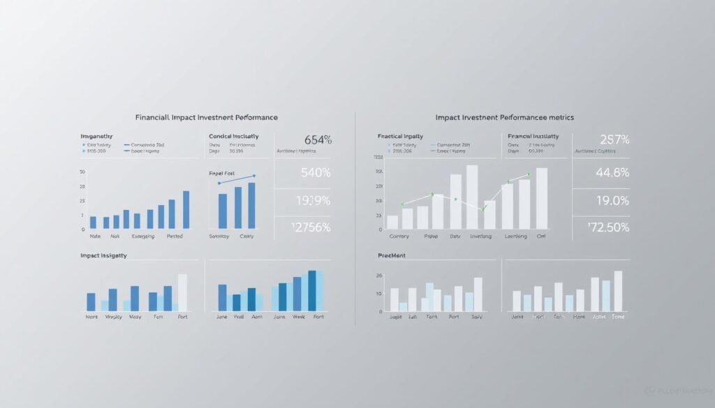 A dynamic infographic showcasing a side-by-side comparison of financial and impact investment performance metrics. Crisp charts and graphs are set against a sleek, minimalist backdrop, with a subtle color palette evoking a sense of professionalism and precision. The foreground features neatly organized data visualizations, each element meticulously crafted to convey complex financial and sustainability information in an intuitive, easy-to-understand manner. The middle ground contains concise, well-aligned labels and annotations, guiding the viewer's eye through the comparative analysis. The background maintains a clean, uncluttered aesthetic, allowing the data to take center stage and command attention. Soft, directional lighting accentuates the clarity and legibility of the information, while a slightly tilted camera angle adds a sense of dynamism and visual interest to the composition.