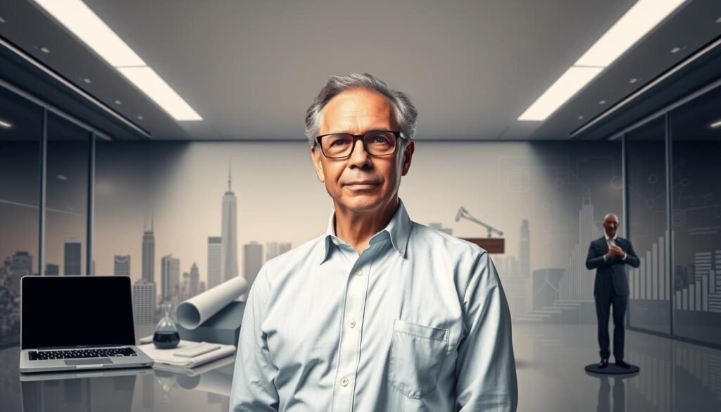 A dynamic portrait of Sheldon Gilbert, capturing his multi-faceted career journey. Set against a sleek, modern backdrop, Gilbert stands in the foreground, his gaze resolute and forward-looking. The middle ground features symbols of his past roles - a laptop, blueprints, and a laboratory flask - transitioning into elements representing his current leadership position, such as a podium and a tablet. The background subtly blends cityscapes and technical schematics, hinting at his diverse expertise. Soft, directional lighting emphasizes Gilbert's confident pose, while a muted color palette conveys a sense of thoughtful introspection. The overall composition suggests Sheldon Gilbert's ability to seamlessly adapt and thrive in new professional realms. A dynamic portrait of Sheldon Gilbert, capturing his multi-faceted career journey. Set against a sleek, modern backdrop, Gilbert stands in the foreground, his gaze resolute and forward-looking. The middle ground features symbols of his past roles - a laptop, blueprints, and a laboratory flask - transitioning into elements representing his current leadership position, such as a podium and a tablet. The background subtly blends cityscapes and technical schematics, hinting at his diverse expertise. Soft, directional lighting emphasizes Gilbert's confident pose, while a muted color palette conveys a sense of thoughtful introspection. The overall composition suggests Sheldon Gilbert's ability to seamlessly adapt and thrive in new professional realms.