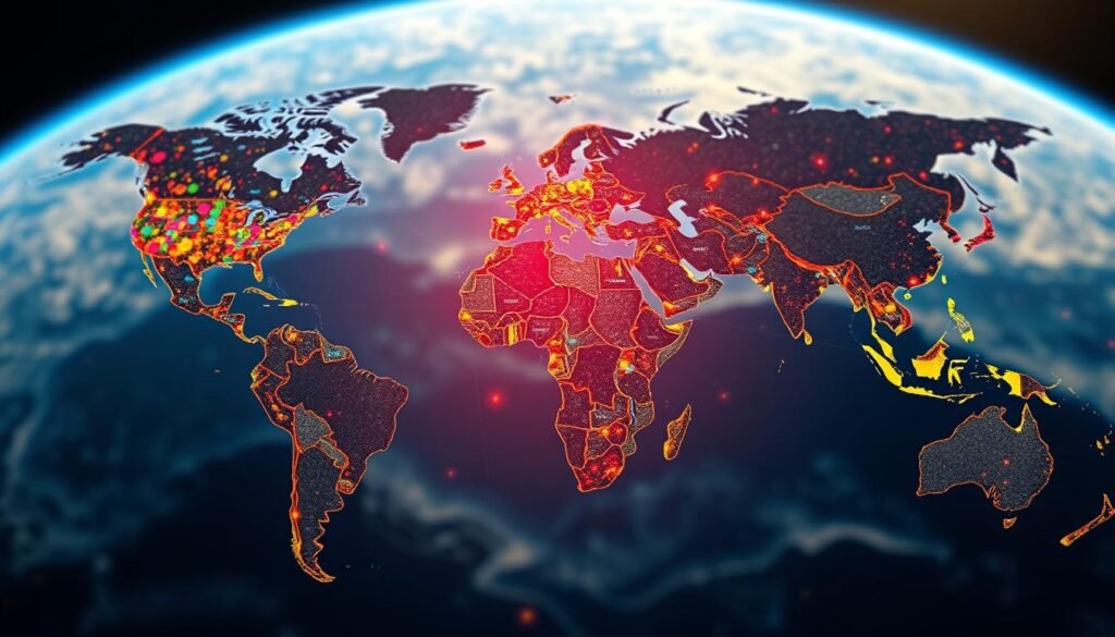 A dynamic world map illuminates the strategic focus regions of Norway's Norfund investment fund. In the foreground, a vibrant mosaic of country shapes and textures evokes the diverse emerging markets Norfund targets. The middle ground showcases dynamic data visualizations, with pulsing nodes and glowing vectors tracing investment flows and growth trajectories. In the background, a softly blurred planetary vista provides context, with hazy landmasses and shimmering oceanic expanses. The overall composition conveys a sense of global interconnectedness, innovation, and the ambitious scope of Norfund's mandate to drive sustainable development through strategic investments.