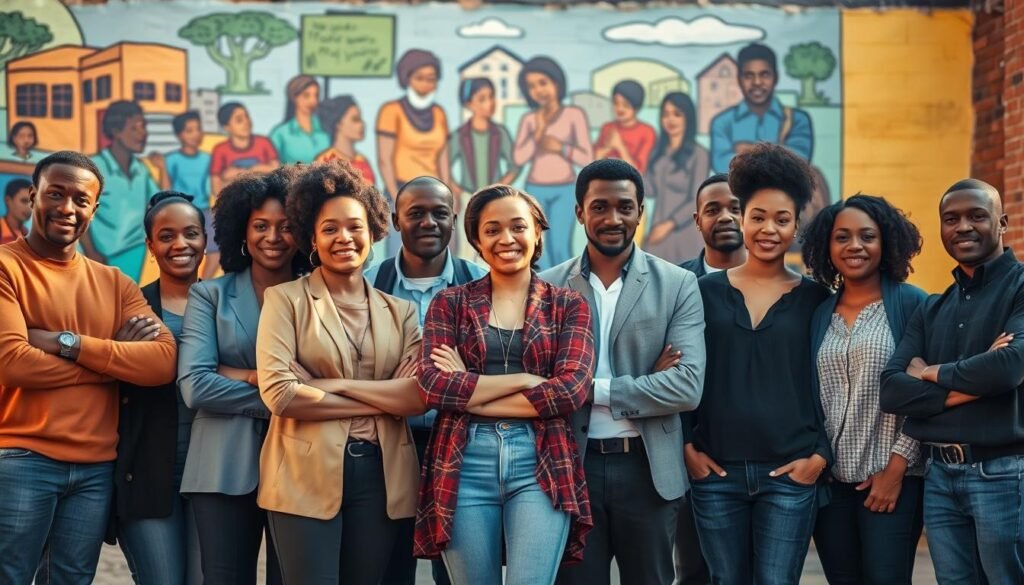 A group of diverse community leaders stand confidently, empowered by the tools and resources they've been provided. Warm natural lighting illuminates their faces, conveying a sense of hope and determination. In the background, a vibrant mural depicting scenes of community engagement and progress serves as a powerful backdrop. The leaders are positioned in the foreground, their body language and expressions radiating a sense of unity and purpose as they work to drive positive change in their neighborhoods. The overall scene emanates a mood of collaborative empowerment, capturing the essence of fostering innovation and growth within Baltimore's communities.