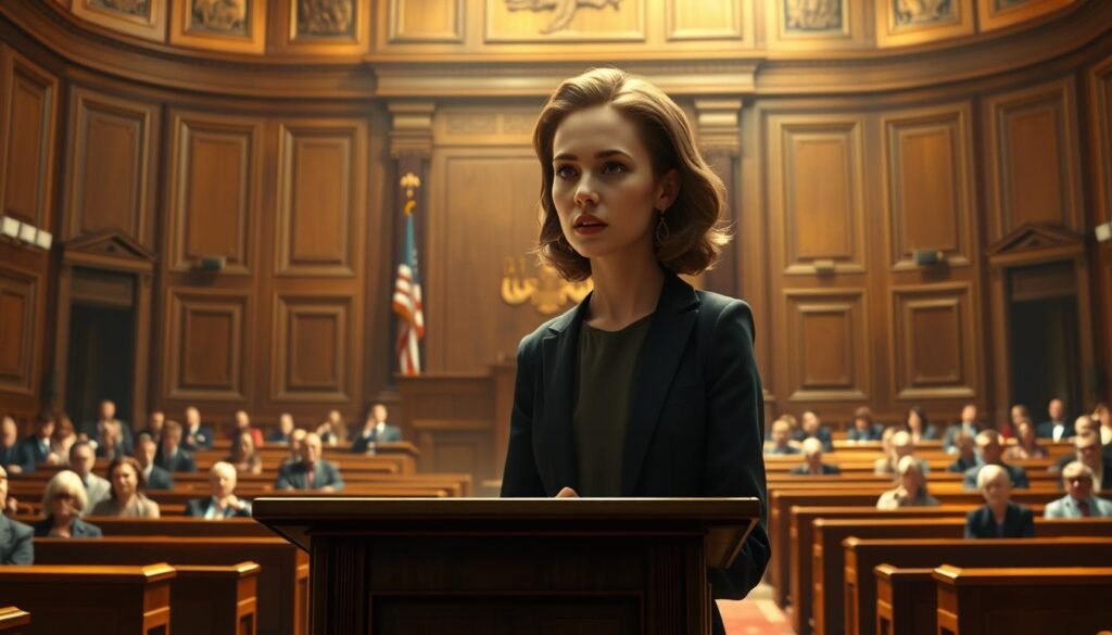 A high-resolution, photorealistic digital painting of Liesel Pritzker Simmons, the young heiress and philanthropist, standing at a podium in a large courtroom, delivering a statement after a landmark family lawsuit settlement. The scene is bathed in warm, dramatic lighting, casting dramatic shadows across her pensive expression. The background is filled with oak-paneled walls, an ornate judge's bench, and rows of wooden benches occupied by onlookers, capturing the gravity and significance of this financial and legal resolution.