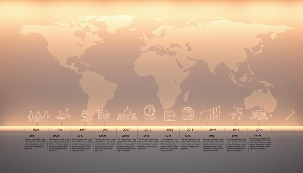 A historical overview of the evolution of the U.S. International Development Finance Corporation (DFC), formerly known as the Overseas Private Investment Corporation (OPIC). In the foreground, a timeline unfolds, chronicling the key milestones and transformations. In the middle ground, symbolic icons and graphics represent the corporation's diverse investment sectors and global impact. The background features a world map, subtly highlighting the DFC's worldwide reach and influence. The lighting is soft and warm, conveying a sense of progress and innovation. The overall composition is clean and balanced, with a focus on highlighting the DFC's trajectory from its OPIC origins to its current role as a leading development finance institution.
