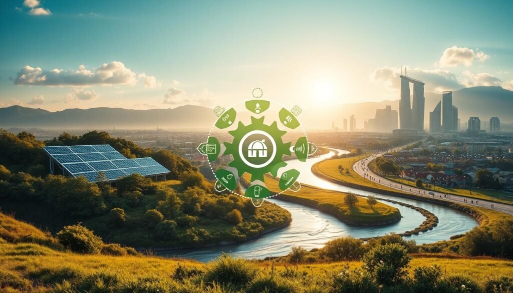 A meticulously crafted illustration of the B.Impact Framework, showcasing the interconnected pillars of sustainable development. In the foreground, a serene landscape with lush greenery, flowing rivers, and solar panels harnessing the sun's energy. In the middle ground, icons representing the framework's dimensions - social, environmental, and governance - interlocked like the gears of a well-oiled machine. In the background, a vibrant cityscape with skyscrapers, bustling streets, and people engaged in sustainable practices. Soft, natural lighting casts a warm, inviting glow, conveying a sense of harmony and progress. The overall composition reflects the holistic approach of the B.Impact Framework, balancing economic growth, environmental protection, and social responsibility.