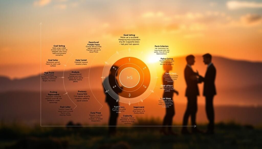 A meticulously crafted illustration of the IRIS+ framework for impact measurement. In the foreground, an intricate diagram showcases the interconnected components of the framework - from goal-setting and data collection to analysis and reporting. Vibrant colors and clean lines convey the systematic approach. In the middle ground, silhouetted figures interact with the framework, highlighting its practical application. The background features a softly blurred landscape, symbolizing the broader social and environmental context in which the IRIS+ framework is implemented. Warm, directional lighting casts a sense of depth and professionalism, while a shallow depth of field draws the viewer's attention to the core elements. This image artfully captures the essence of the IRIS+ framework as a comprehensive, yet user-friendly tool for measuring and communicating social and environmental impact.