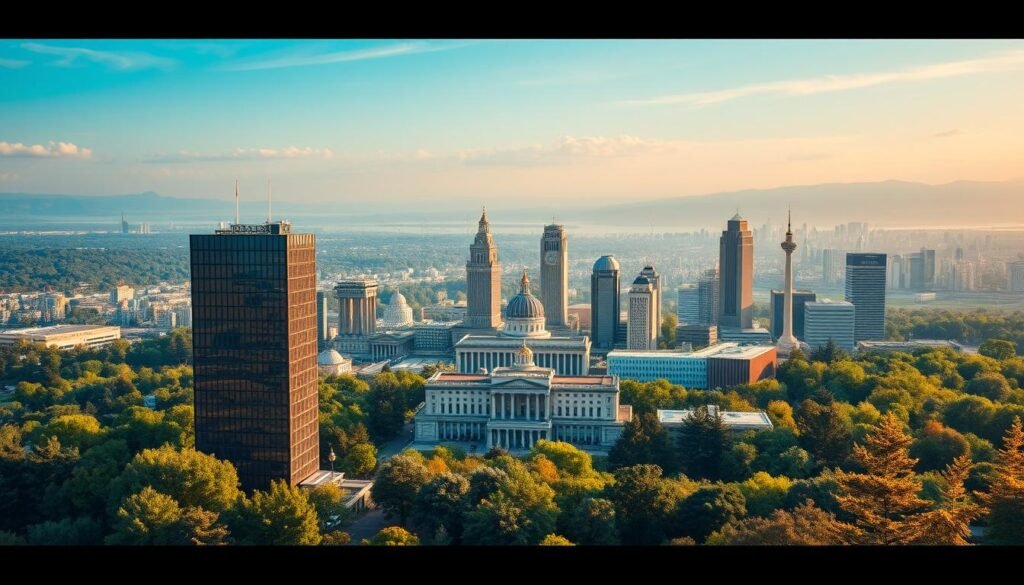 A meticulously crafted landscape showcasing the intricate regulatory framework of sustainability reporting. In the foreground, a sleek corporate office building stands as a symbol of modern sustainability practices. In the middle ground, various national and international regulatory bodies are represented by authoritative structures, each with distinct architectural styles. In the distant background, a tapestry of diverse landscapes, from lush forests to bustling cityscapes, hints at the global scope of sustainability regulations. Warm, diffused lighting casts a harmonious glow, conveying a sense of balance and progress. The scene is captured through a wide-angle lens, providing a comprehensive view of the complex, yet interconnected, sustainability reporting landscape.
