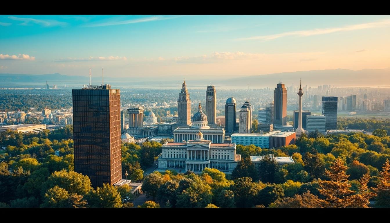 A meticulously crafted landscape showcasing the intricate regulatory framework of sustainability reporting. In the foreground, a sleek corporate office building stands as a symbol of modern sustainability practices. In the middle ground, various national and international regulatory bodies are represented by authoritative structures, each with distinct architectural styles. In the distant background, a tapestry of diverse landscapes, from lush forests to bustling cityscapes, hints at the global scope of sustainability regulations. Warm, diffused lighting casts a harmonious glow, conveying a sense of balance and progress. The scene is captured through a wide-angle lens, providing a comprehensive view of the complex, yet interconnected, sustainability reporting landscape.