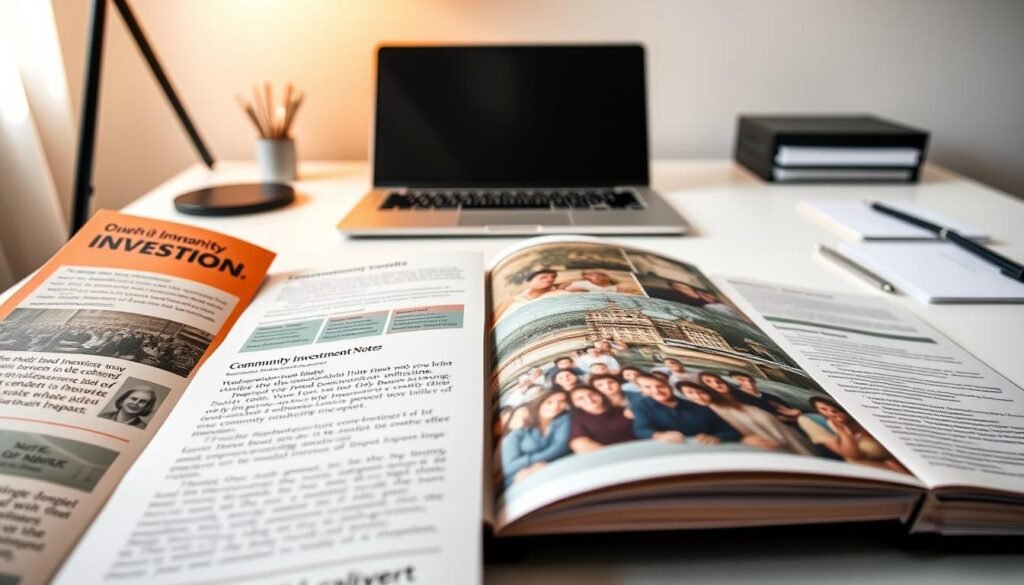 A meticulously crafted portfolio of community investment notes, each page a testament to the power of impact investing. The foreground showcases the diverse array of notes, their textures and colors reflecting the vibrant communities they support. In the middle ground, a clean, modern desk serves as a canvas, with a sleek laptop and carefully arranged stationery. The background bathes the scene in a soft, warm lighting, evoking a sense of thoughtfulness and purpose. The overall composition exudes a sophisticated, yet inviting atmosphere, perfectly capturing the essence of Calvert Impact Capital's mission to empower meaningful investments that transform lives.