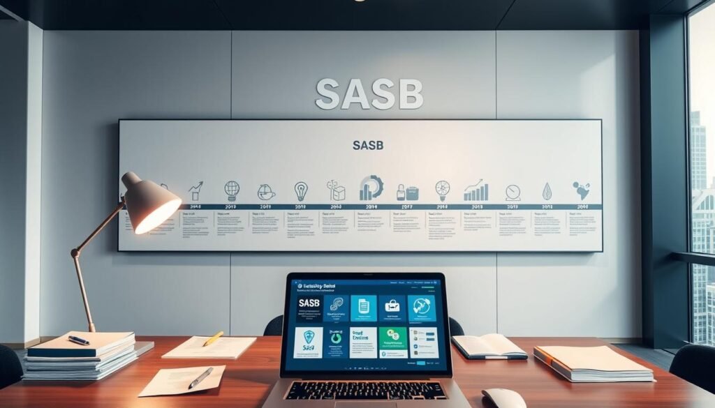 A meticulously crafted timeline chronicling the evolution of the Sustainability Accounting Standards Board (SASB), set against a backdrop of a sleek, modern office environment. In the foreground, a desk showcases a laptop displaying key SASB milestones, surrounded by neatly organized documents and a minimalist desk lamp illuminating the scene. In the middle ground, a large wall-mounted display highlights the SASB's journey, with icons, graphs, and infographics illustrating the organization's growth and impact over the years. The background features floor-to-ceiling windows, providing a glimpse of a bustling city skyline, symbolizing the SASB's global reach and influence. The overall atmosphere evokes a sense of professionalism, innovation, and the ongoing commitment to sustainable business practices.