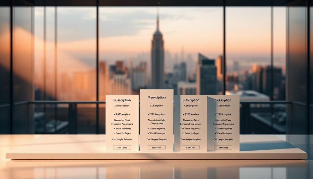 A meticulously designed product display showcasing Manychat's pricing plans. In the foreground, a clean, minimalist table displays the various subscription tiers, each with its own set of features and capabilities, rendered in a sleek, modern style under warm, directional lighting. In the middle ground, a sophisticated, architectural backdrop frames the table, with subtle gradients and textures adding depth and visual interest. The background features a softly blurred city skyline, hinting at the professional, enterprise-level applications of Manychat's tools. The overall mood is one of sophistication, clarity, and attention to detail, reflecting the robust functionality and customizability of Manychat's pricing options.