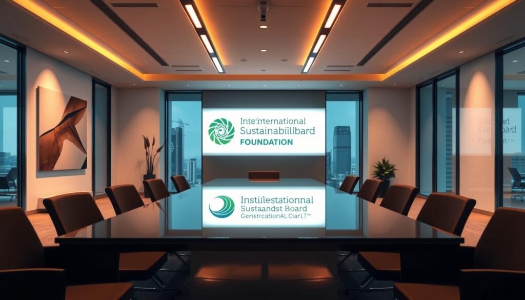 A modern, minimalist office interior with a large, sleek glass conference table in the foreground. Illuminated by warm, overhead lighting and large windows overlooking a cityscape in the background. The walls are adorned with clean, abstract artwork and a prominent, backlit logo of the "International Sustainability Standards Board Foundation" is displayed prominently on the far wall. The atmosphere exudes a sense of professionalism, innovation, and a commitment to sustainable practices.