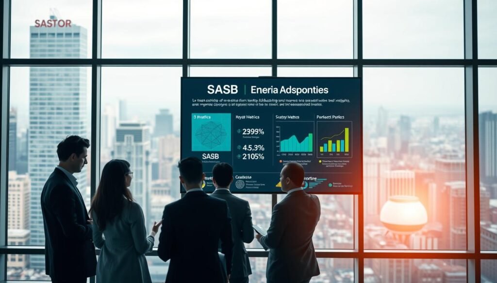A modern, sleek office setting with large windows overlooking a bustling city skyline. In the foreground, a group of business professionals engaged in a collaborative discussion, highlighting the advantages of SASB reporting. The middle ground features a digital display showcasing key SASB metrics and data visualizations, emphasizing the clarity and transparency it provides. The background is softly lit, creating a warm and professional atmosphere. The overall scene conveys the benefits of SASB reporting for both companies and investors - improved decision-making, enhanced risk management, and increased stakeholder trust.