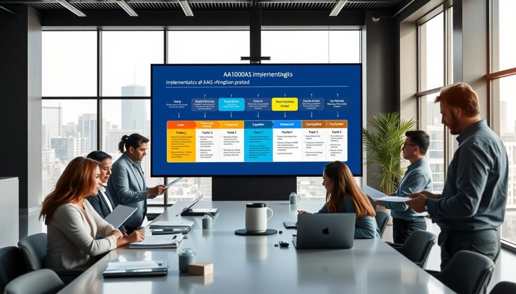 A professional business setting with a focus on the implementation process of the AA1000AS standard. In the foreground, a team of employees gathered around a conference table, engaged in a collaborative discussion, referencing various documents and digital devices. The middle ground features a large display screen showcasing the key steps and milestones of the implementation process, accompanied by dynamic visualizations. The background depicts a modern, well-lit office environment with sleek, minimalist furnishings and large windows overlooking a cityscape. The overall atmosphere conveys a sense of productivity, diligence, and a commitment to ethical and transparent business practices.