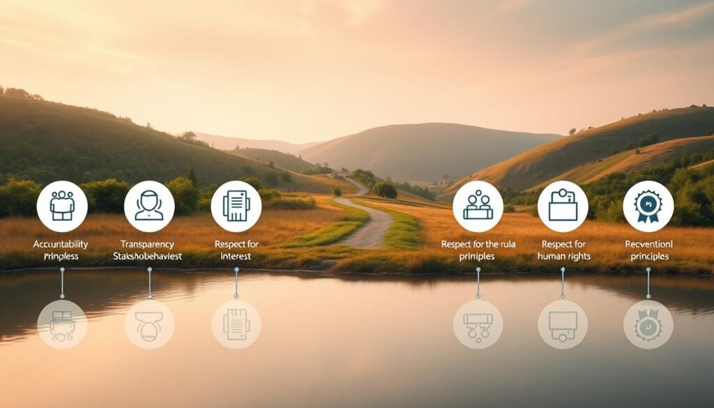 A serene, minimalist landscape showcasing the seven foundational principles of social responsibility. In the foreground, a tranquil pond reflects the natural surroundings, with symbolic icons representing each principle - accountability, transparency, ethical behavior, respect for stakeholder interests, respect for the rule of law, respect for international norms of behavior, and respect for human rights - floating gently on its surface. Behind, a rolling hillside is bathed in warm, diffused lighting, conveying a sense of harmony and balance. The middle ground features a path winding through lush, verdant foliage, inviting the viewer to explore and internalize these guiding tenets. An expansive sky above, painted in soft pastels, completes the scene, evoking a calming, contemplative atmosphere.