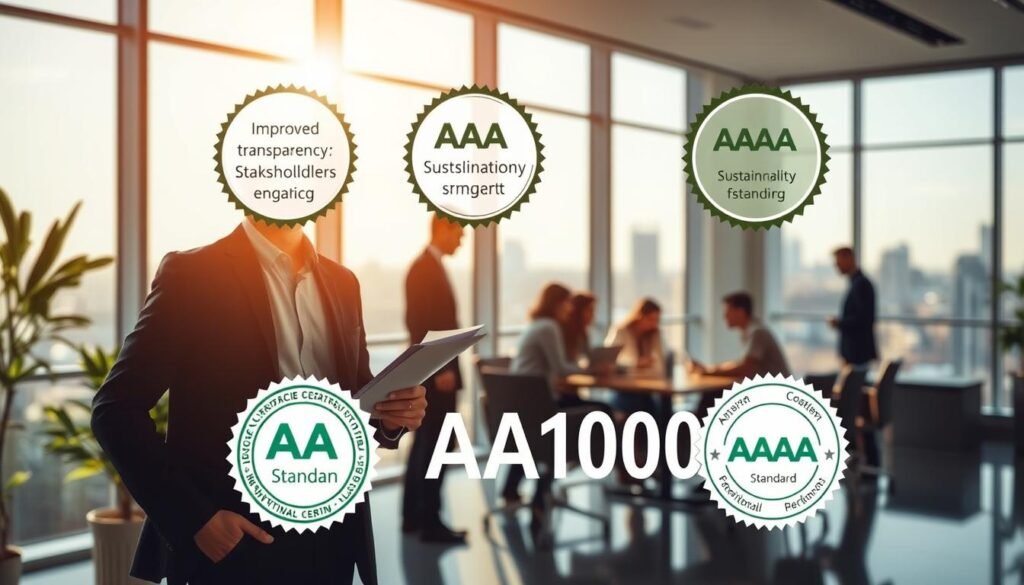 A serene office setting with natural lighting filtering through large windows, showcasing the benefits of AA1000AS certification. In the foreground, a businessman stands confidently, reviewing documents that highlight improved transparency, stakeholder engagement, and sustainability performance. The middle ground features a team collaborating around a table, indicating enhanced organizational alignment and decision-making. The background reveals a cityscape, symbolizing the global reach and recognition of the AA1000AS standard. The overall atmosphere exudes a sense of professionalism, credibility, and the positive impact of adopting this internationally recognized certification.