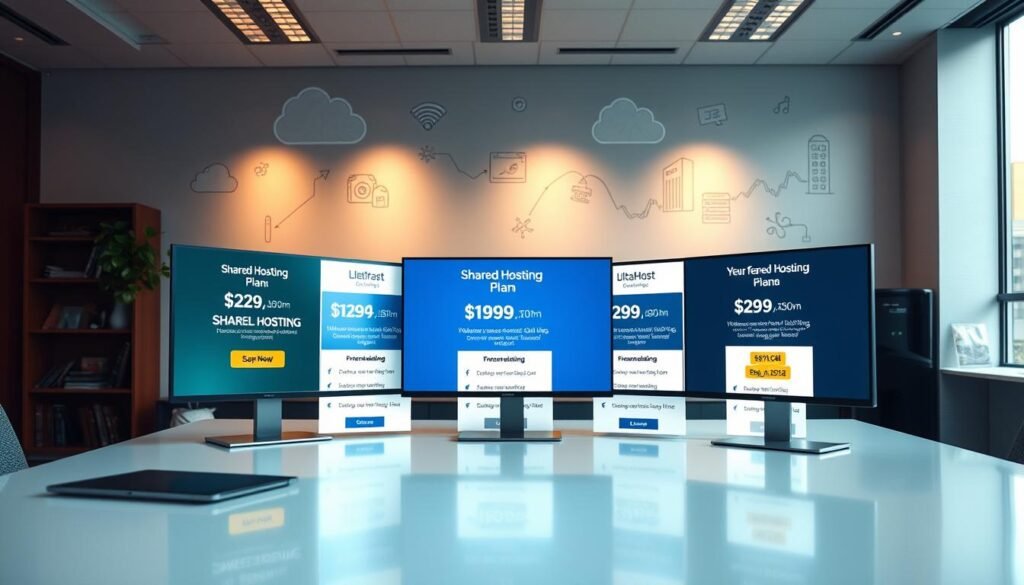A serene office workspace with a sleek and modern desk showcasing various shared hosting plan options. The plans are displayed on high-resolution digital screens, highlighting their features, pricing, and storage capacities. The scene is bathed in warm, diffused lighting, creating a professional and inviting atmosphere. In the background, there are minimalist line art illustrations depicting cloud computing, servers, and other web hosting elements. The overall composition conveys a sense of expertise, reliability, and the comprehensive hosting solutions offered by UltaHost.
