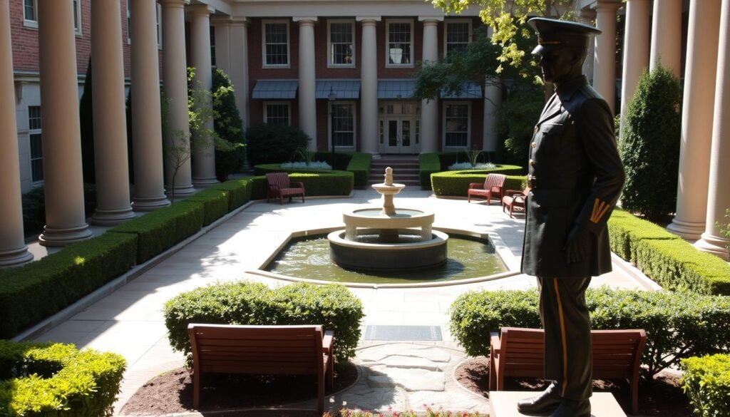 A serene, sun-dappled courtyard of a military service foundation, with a central water feature surrounded by lush greenery and manicured hedges. Stately columns line the perimeter, casting soft, diffused light on the scene. In the foreground, a bronze statue of a uniformed figure stands tall, their gaze resolute and their posture exuding a sense of duty and honor. The mid-ground features a tranquil seating area, with wooden benches inviting visitors to pause and reflect. In the background, the façade of the foundation's main building is visible, its elegant architecture blending seamlessly with the serene atmosphere. A serene, sun-dappled courtyard of a military service foundation, with a central water feature surrounded by lush greenery and manicured hedges. Stately columns line the perimeter, casting soft, diffused light on the scene. In the foreground, a bronze statue of a uniformed figure stands tall, their gaze resolute and their posture exuding a sense of duty and honor. The mid-ground features a tranquil seating area, with wooden benches inviting visitors to pause and reflect. In the background, the façade of the foundation's main building is visible, its elegant architecture blending seamlessly with the serene atmosphere.