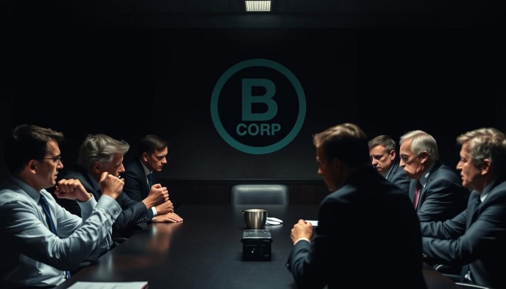 A shadowy boardroom, dimly lit with a sense of unease. In the foreground, a table of executives in formal attire, engaged in heated debate. Furrowed brows, clenched fists, an atmosphere of distrust. In the background, a stylized B Corp logo, its edges blurred, hinting at the controversies and criticisms surrounding this certification. The lighting is harsh, casting dramatic shadows, creating a sense of tension. The camera angle is slightly elevated, adding to the feeling of an unfolding drama. The overall mood is one of simmering discontent, a cautionary tale about the complexities of corporate social responsibility.