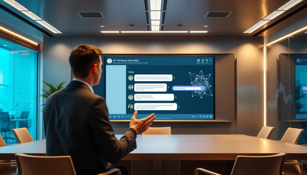 A sleek and modern office workspace, with a large central display showcasing a live chat interface. The display is surrounded by a clean, minimalist design with brushed metal accents. In the foreground, a user is engaged with the chat, their hands gesturing as they converse. Soft, directional lighting casts a warm glow, creating a professional and productive atmosphere. In the background, subtle AI-inspired visual elements, such as wireframe models or data visualizations, hint at the powerful automation capabilities of the system. The overall scene conveys the seamless integration of human-centric interaction and AI-driven efficiency.